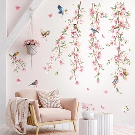 decalmile Wall Tattoo Hanging Vine Flowers Pink Wall Sticker Flowers Leaves Birds Wall Sticker Bedroom Living Room Sofa Wall Decoration