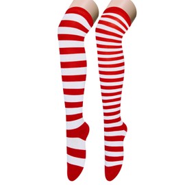 Christmas Knee High Socks - Thigh High Socks for Women Teen Girls, Red Striped Socks, Elf Socks Candy Cane Socks 2 Pack