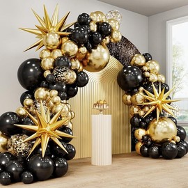 140pcs Black and Gold Balloons, Balloons Arch Kit 5 10 12 18 Inch Black Metallic Gold Confetti Latex Balloons for Graduation Birthday Baby - Color: starburst balloons