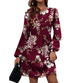 Zeagoo Women's Casual Fall Dresses Long Sleeve Sweater Dress with Pockets Crew Neck Knit Dresses Women Short Tunic Dresses Floral Red Medium