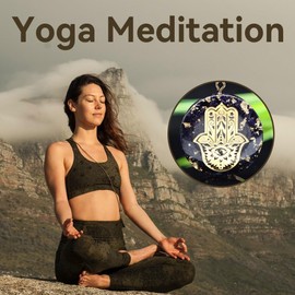 KETLIXS Orgone Hand of Fatima Hamsa Necklace,Metatron Cube Merkeba Chakra Crystal Stone for Healing Yoga Meditation,Black