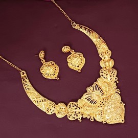 Efulgenz Gold Tone Indian Jewelry Sets for Women - Dubai Style Floral Heart Shape Choker Necklace & Dangle Earrings - Bridal & Wedding Fashion Jewelry