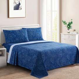 Marina Decoration Printed 600 Thread Count Soft Deep Pocket Hotel Standard Long Staple Cotton Blend Percale All Season 4 Pieces Bedding Sheet Set, Navy Blue Paisley Pattern Double/Full Size