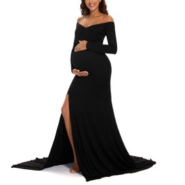 ForBaysy Maternity Dress for Photoshoot,Off Shoulder Long Dress Maternity Photography Props Baby Shower Maternity Gown Pregnant Dress Black