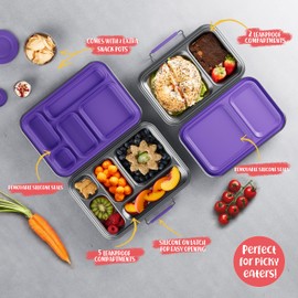 AOHEA Stainless Steel Lunch Box for Kids, Leak Proof Bento Lunch Box BPA Free 304 Stainless Steel Bento Box Stainless Bento Box with Containers for School and Office(Purple)