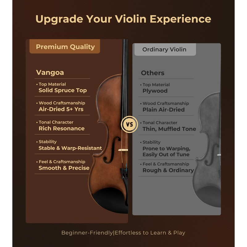 Vangoa 4/4 Solid Wood Acoustic Violin Full Size Fiddle Set