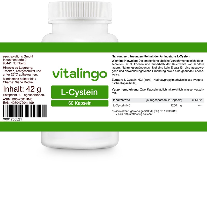 L-Cysteine Capsules, 60 Capsules of 700 mg, 600 mg per