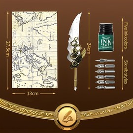 Quill Pen Ink Set Mechanical Quill Pen,5 Color Ink Calligraphy Pen Ink Set,6 Replaceable Dip Pen Nibs Dipping Pen for Painting, Signing, Retro Decoration, and Unique Gifting