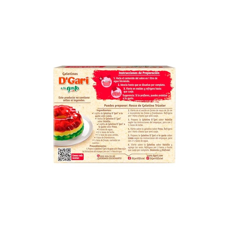 DGari Polvo para preparar gelatina a tu gusto sabor fresa