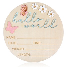 Hello World Newborn Sign, 5.9 Inch Wooden Baby Announcement Sign Pink Butterfly Style Birth Welcome Board for Newborn Boys Girls Photo Props Baby Shower Hospital Nursery