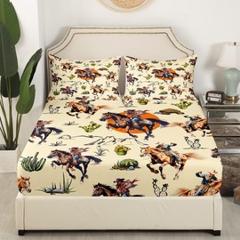 Western Cowboys Horses Bed Sheet Set,Retro Farmhouse Style Tropical Cactus Plants Fitted Sheet Set Queen 4 Pcs,Hand Draw Mountain Sun Sheet Set Includes Fitted Sheet + Flat Sheet + 2 Pillow Cases