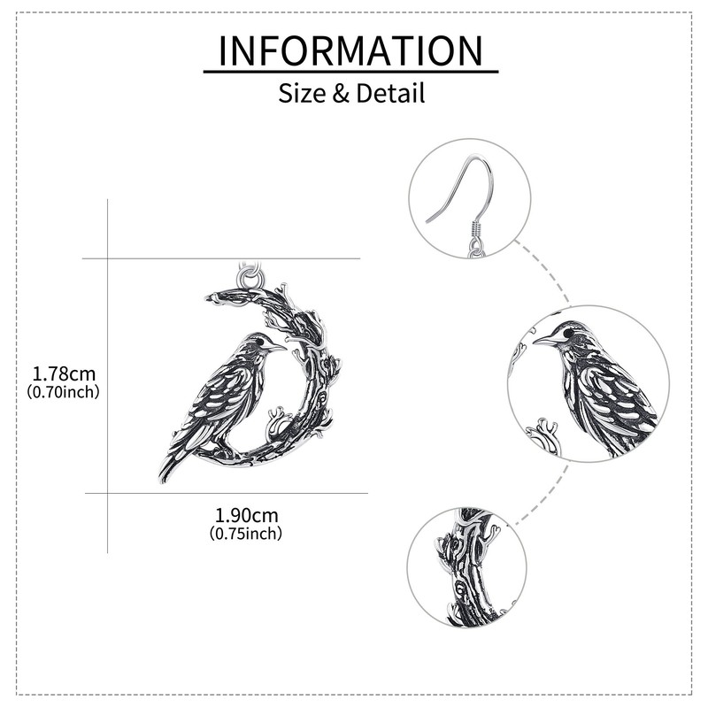 Raven Earrings 925 Sterling Silver Moon Crow Earrings Gothic Jewellery