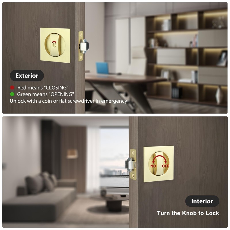 Malimali Pocket Door Lock, Brushed Gold Pocket Door Hardware Square