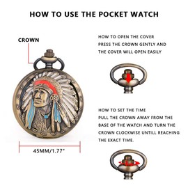 Tiong Ancient Native American Collectible Indian Pocket Watch Antique with Chain Persons of Native Heritage Gifts Fathers Days