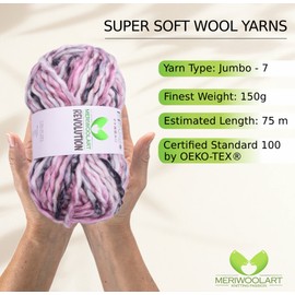 MeriWoolArt Merino Wool for Knitting - 75 m Multicoloured Thick Soft Merino Wool for Knitting for Sweater Jackets - XXL Hand Knitting Wool - Voluminous DIY Wool for Scarves Blankets Scarves Gifts