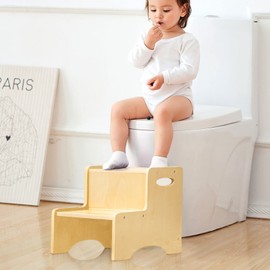 WOOD CITY Wooden Toddler Step Stool for Kids, Bathroom Potty Stool & Kitchen Stool, Natural Two Step Stool for Bedroom, Children's Stool with Handles and Safety Non-Slip Pads
