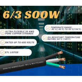 WindyNation 9 Feet 6/3 6 AWG SOOW SO Cable Cord Wire - 6 Gauge 3 Conductor 600V Portable Power Extension Cord Cable for EV Chargers, Motor Leads, Portable Lights, Battery Chargers, and Machinery