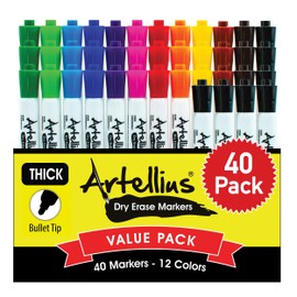 Artellius Dry Erase Markers Bulk - 40-Pack Assorted Colors - Thick Barrel Design & Low Odor Ink - Washable & Kid Friendly Whiteboard Markers for School Supplies & Classroom Use - Teacher Supplies