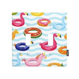 Pznen Cute Ducks Cartoon Double Toggle Covers Summer Swimming Pool Duck Lifebuoy 2 Gang Wall Plate Decorative Light Switch Covers Bathroom Bedroom Home Kitchen