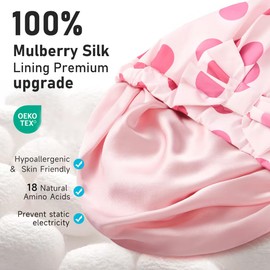 LitBear Luxury Silk Lined Shower Caps for Women Reusable Waterproof, Double Layered Large Bathing Hair Cap with Adjustable Elastic Strap, Non-slip, Quick-dry, for Long Short Hair, Pink Dots