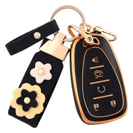 OFF WE GO for Chevy Key Fob Cover with Leather Kechain, Soft TPU Key Fob Case for Chevy Malibu Traverse Equinox Cruze Sonic Volt Spark Bolt Blazer Camaro Impala Trax Tahoe (Gold Black)