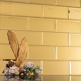 Lovdeco Peel and Stick Beveled Gold Mirror Tile Subway Mirror Glass Backsplash 3x6 Inch for Kitchen Bathroom Wall (40 Pcs, 5 SQ.FT.)
