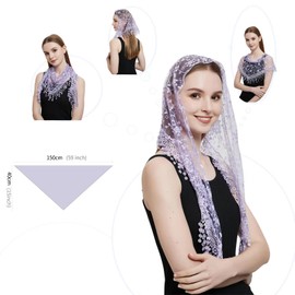 BLESSI Women's Catholic Church Veil Head Covering Mantilla Chapel Veil Lace Triangle Lace Mantilla Floral Veil (Light Purple)