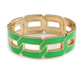 Oval Shape Neon Green Enamel Link Hinged Bangle Bracelet In Gold Tone - Size M/L