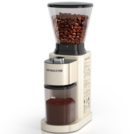 Aromaster Coffee Bean Grinder with 48 Gind Settings, Conical Burr Coffee Grinder for Home Use,Stainless Steel,40 Seconds Adjustable Timer,Anti-static,Easy to Clean with Brush,Beige