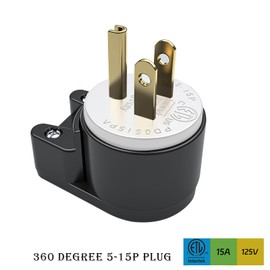 Right Angle Nema 5-15P 15A 125V , 360° Rotatable DIY AC Connector, ETL Assembly 3-Prong Space-Saving AC Plug