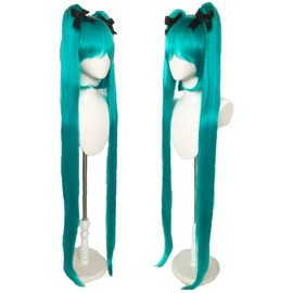 CICIBOLAYEZ 47inches/120cm Green Cosplay Wig with 2 Ponytails Long Straight Wigs with Bangs for Lolita Synthetic Hair for Halloween Costume Party Cosplay Wig with 2 Bowknot Accessories