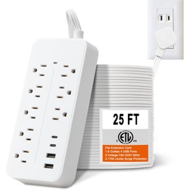7.6M Plana Extension Electrica, Regleta Multicontacto con Protector de Sobretensión, Enchufe Plano Conector Multiple con 8 Salidas CA y 4 USB, Supresor de Picos para Hogar Dorm Oficina