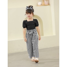 DONWEN Girls Clothes Size 6 7 Kids Clothes Square Neck Puff Short Sleeve Top + Striped Pants + Headband 3pcs Girls Outfit Set