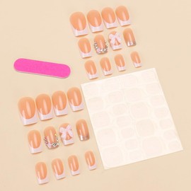NEWSPIED Short French Tip Press on Nails Square False Nails Nude Pink Glue on Nails Designs Bow Rhinestones Fake Nails White Nail Tips Full Cover Artificial Stick on Nails for Women Manicure