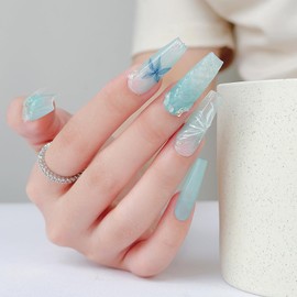 LARSOOY Nails Uñas postizas hechas a mano con diseño de ataúd largo | Uñas hechas a mano con mariposa de cristal Mint Mambo | Uñas postizas reutilizables para un verano fresco | Uñas postizas 10