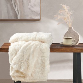 BYTIDE Super Soft Double Sides Fluffy Faux Fur Lightweight Throw Blankets, Plush Warm Cozy Fuzzy Luxury Blanket for Couch Sofa Chair Bed Cover, 70" x 80", Antique White