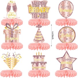SKTMH 9Pcs Pink Rose Gold Party Decorations Rose Gold Birthday Table Honeycomb Centerpiece Elegant Rose Gold Table Toppers Rose Gold Centerpieces Birthday Table Decorations for Women Birthday Supplies