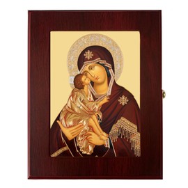 Needzo Virgin Mary Icon Box Virgin of Don With Christ Wooden Wall Hanging Icon Box or Decorative Table Box, Religious Gift For Her, Him - Byzantine Catholic Orthodox Keepsake, 7 ½ Inches