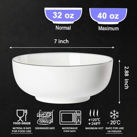 Hesen 40 Ounce Large Soup Bowls, Large Cereal Bowls, Large Pho Bowls, Durable Porcelain Rimmed Off-White Bowls Set of 4, 7 Inch