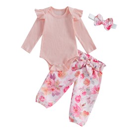fhutpw Baby Girl Clothes 3 6 9 12 Months Outfits Long Sleeve Knitted Romper & Daisy Pants Fall Winter 3Pcs Clothes Sets (Flower Pink, 12-18 Months)