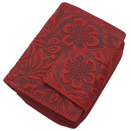 myledershop Small Buffalo Full Leather Women's Wallet/Wallet/Purse in Portrait Format with Liana Embossing and RFID & NFC Protection, cherry red, Modern