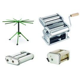 Fante's Pasta Machine With Spaghetti Fettuccine Angel Hair Wavy Lasagna Attachments And Collapsible Drying Rack, For Rolling Cutting And Drying Long Pasta Noodles
