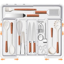 Spaclear Large Utensil Drawer Organizer Expandable Silverware Organizer for Kitchen Drawer Adjustable Cooking Utensil Holder Cutlery Flatware Tray Spatula Tools Gadgets Storage Dividers Plastic White