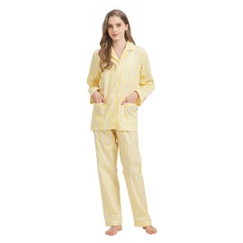 GLOBAL Ladies Pajamas Set 100% Cotton Womens PJs Long Drawstring Sleepwear for Women,Yellow Stripe,M