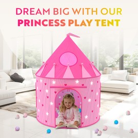 Playz 5-Piece Princess Castle Girls Pop Up Play Tent & Dress Up Costume Bundle - Playhouse Gift for Girls & Toddler for Indoor & Outdoor Use with Pink Fairy Tale Carrying Bag & Glow in The Dark Stars