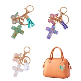 3 PCS Butterfly Keychains, Cute Purse Bag Charms for Women Handbag, Bling Key Ring for Purse Bag, Cross Key Chain for Christian Church Jesus Butterfly Party Favors Gifts, Purple/White/Green