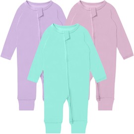 GUISBY Long Sleeve Cotton Pajamas Footless Baby Bodysuits with Zipper and Mittens 3-Pack for Boys Girls Pink+Purple+Light Green 3-6 Months