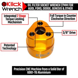 KLICK WRENCH 2 Stage 27mm Torque Limiting Oil Filter Wrench, Yellow, Aluminum 6061-T6