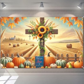 BlissYard Fall for Jesus Banner 71x43 Inch Christian Autumn Wall Decor Rustic Cross Pumpkin Sunflower Thanksgiving Religious Backdrop for Church Farmhouse Porch Harvest Decoration