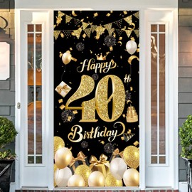 POPOYU 40th Birthday Decoration, Large Fabric 40th Birthday Party Decorations, Black Gold 40th Birthday Banner Background Photo Background Poster for Men Women Birthday Banner (185 x 90 cm)